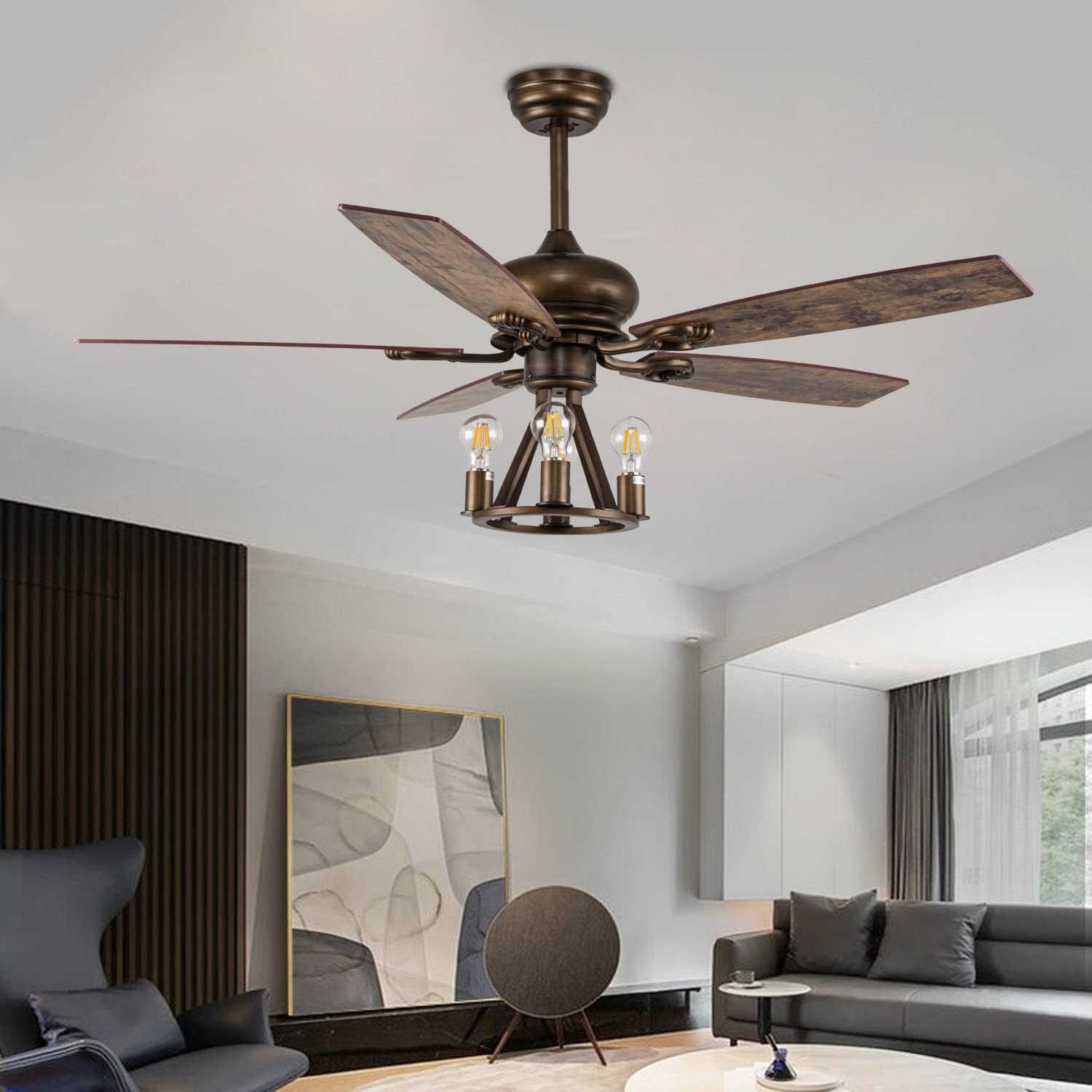 Industrial Ceiling Fan with Light and 5 Reversibl Brown Ceiling Fans ...